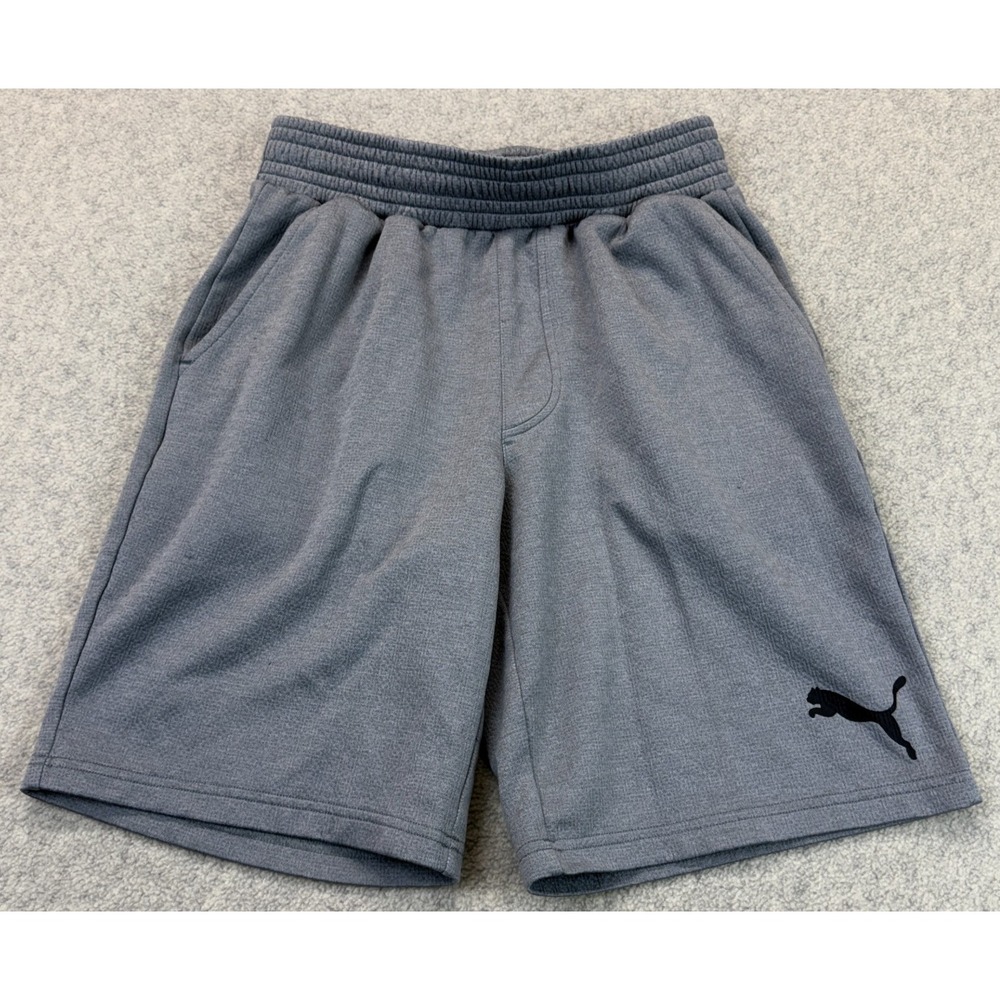 Puma Mens Athletic Shorts Gray Elastic Waist Gym Workout Pockets Logo S